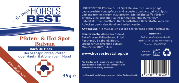 HORSESBEST® Pfoten- & Hot Spot Balsam, juckreizreduzierend und hautregenerierend, Hund, 35 g